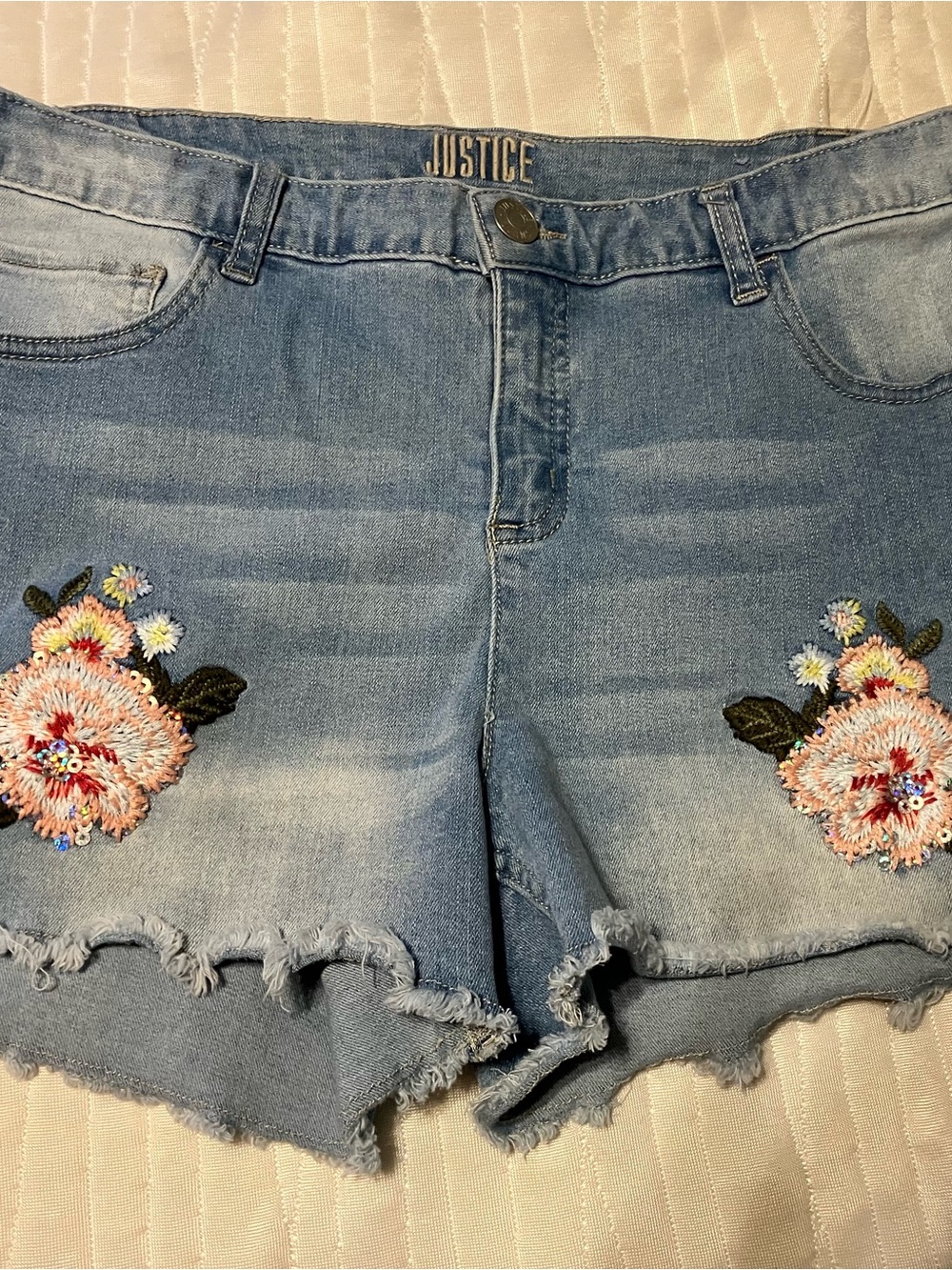Justice Light Blue Denim Shorts with Pink Floral Embroidery